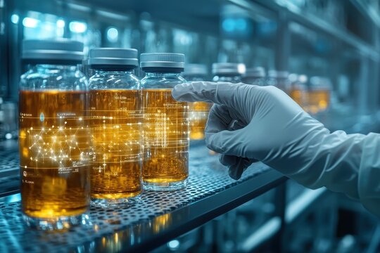 Gloved hand reaches for amber vials filled with liquid, glowing data overlays. Illustrates scientific research, pharmaceutical development, or advanced technology.