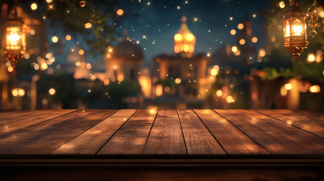 Wooden Table with Blurred Lanterns and Bokeh Lights for product display on ramadan kareem
