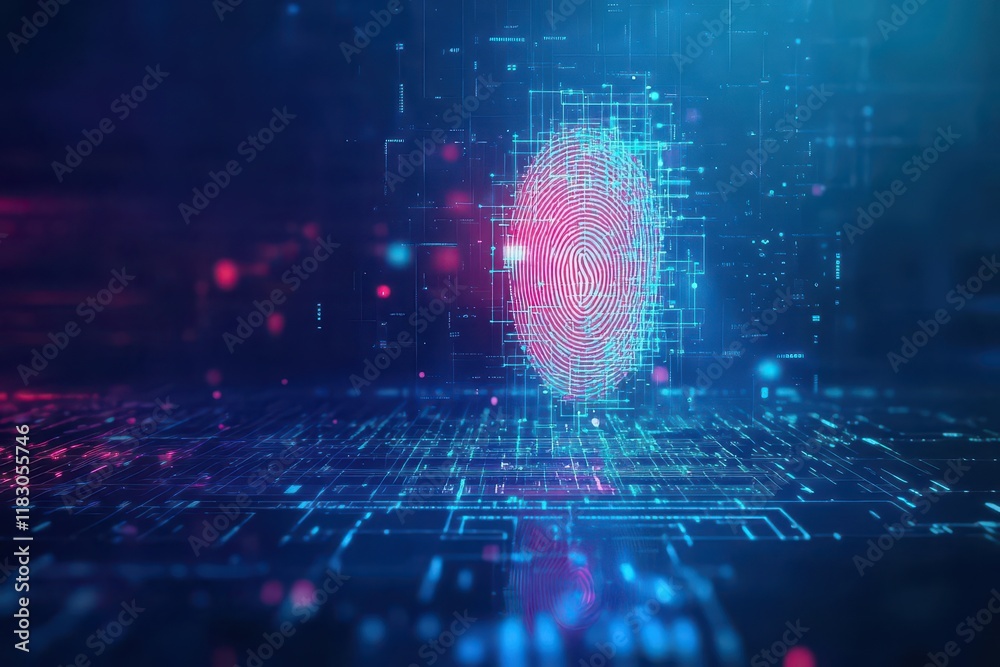 Poster Eyecatching depiction of biometric security being overridden, featuring a fingerprint dissolving into pixels
