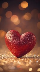 Fototapeta premium Shimmering Red Heart with Glittering Bokeh Lights in Warm Festive Tone for Valentine s Day