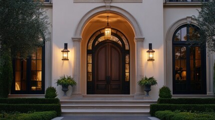 Fototapeta premium Grand Entrance at Dusk: Luxurious Mansion Exterior