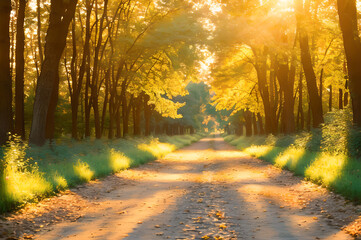 Obraz premium 森林の小道と夕焼け