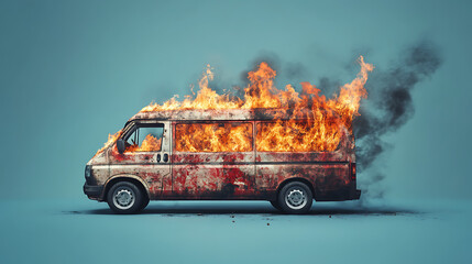A burning van with flames and smoke, isolated on a blue background