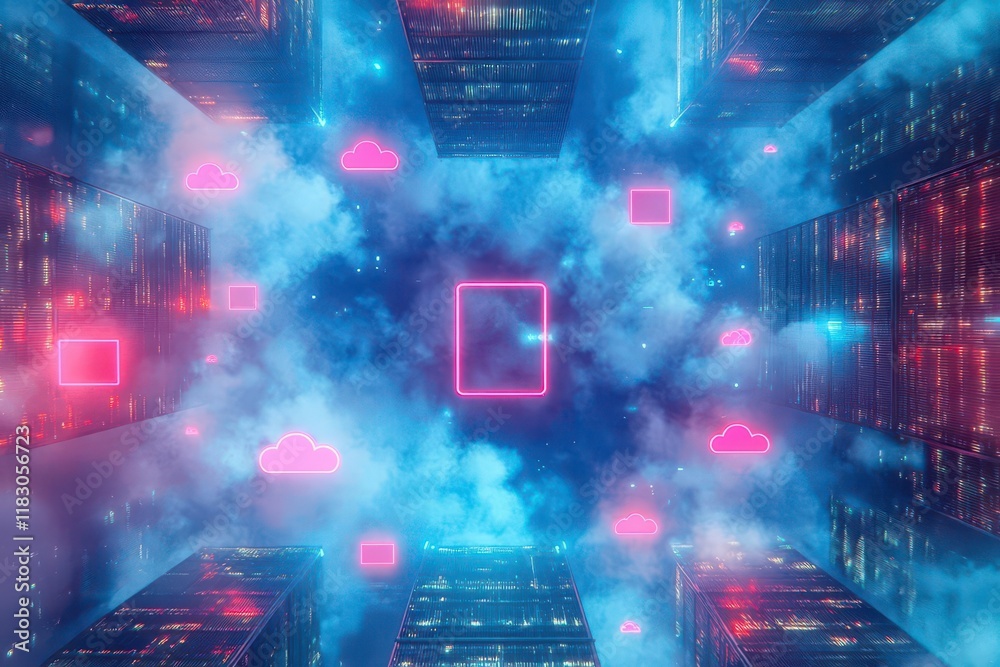 Poster futuristic cityscape bathed in neon lights with wisps of smoke creating an enigmatic atmosphere of i
