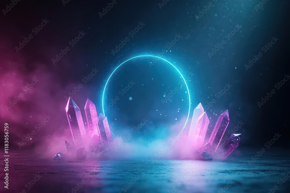 Poster vibrant neon circle on dark background surrounded by radiant pink and blue rings creating a futurist