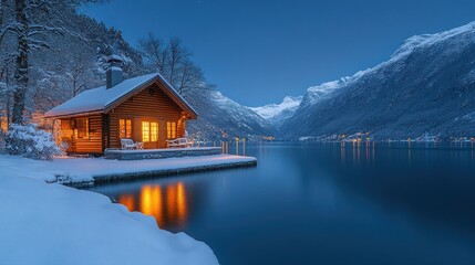 Fototapeta premium Cozy wooden cabin on snowy lake at night.