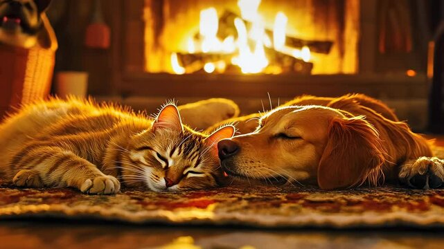 A middle-aged dog and a young cat sleep peacefully by a glowing fireplace, set against an intimate, warm backdrop. The scene evokes feelings of comfort, companionship, and tranquility.
