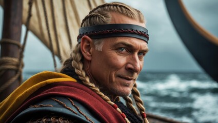 A rugged warrior with braided hair stands confidently on a ship, gazing into the distance against a backdrop of turbulent seas.