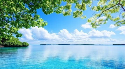 Serene Tropical Seascape Under Lush Green Canopy