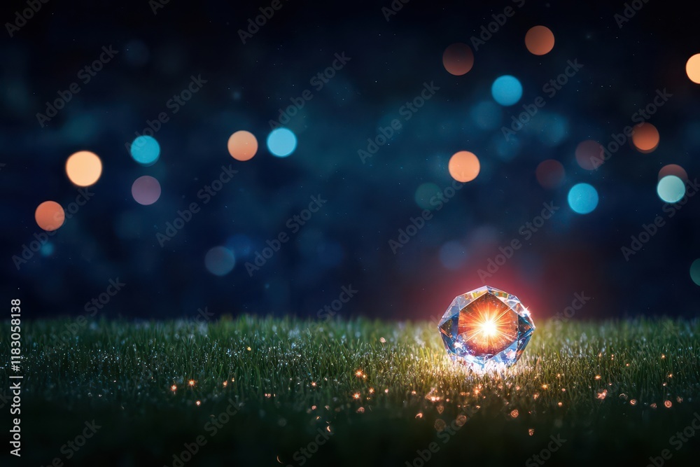 Poster enchanting crystal ball resting on lush green grass surrounded by glowing bokeh lights creating a ma