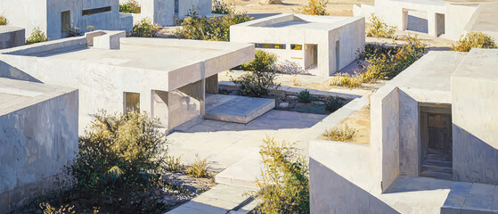 Fototapeta premium Aerial view of simple geometric white buildings, soft tones, subtle shadows, generative AI