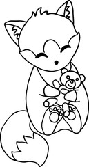 happy little fox sits and holds a little toy bear in his paws