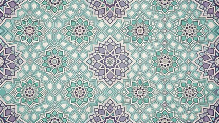 Intricate Geometric Teal and Purple Mandala Pattern Design for Textile or Wallpaper