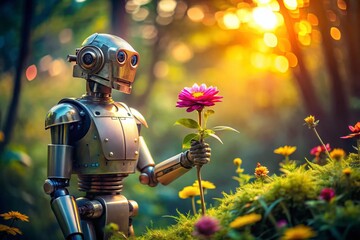 Long Exposure: Robot in Nature Gently Holding a Flower