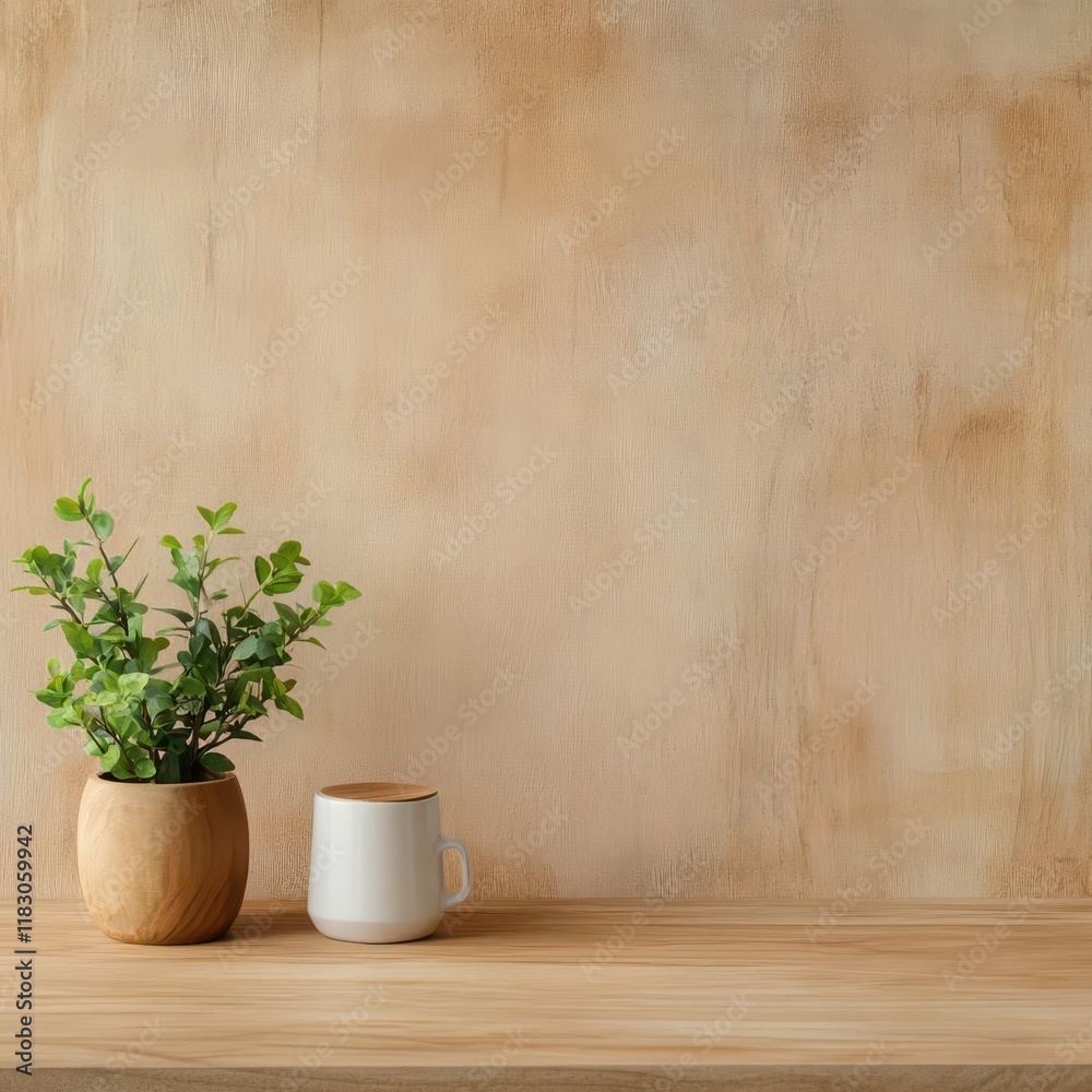 Poster elegant green plant in a minimalist white vase on a rustic wooden table creating a fresh and invitin
