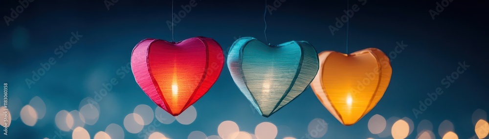 Aufkleber three delicate paper hearts gracefully hanging from strings in a dimly lit room evoking a sense of r