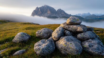 A serene mountain landscape featuring a rock pile in the foreground, surrounded by mist and lush green grass, with majestic peaks in the distance.