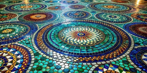 Intricate Circular Mosaic Tile Floor Design Featuring Vibrant Jewel Tones