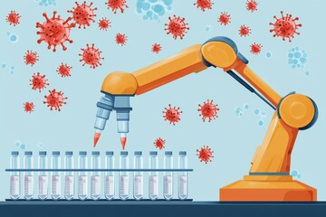 Robotic arm precisely dispensing liquid into test tubes, surrounded by viruses. Illustrates automated virus research and testing processes.