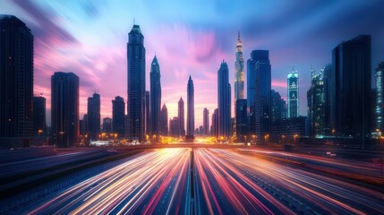 Fototapeta premium High-rise buildings shimmering in twilight, viewed from a street-level angle to capture the dynamic urban panorama