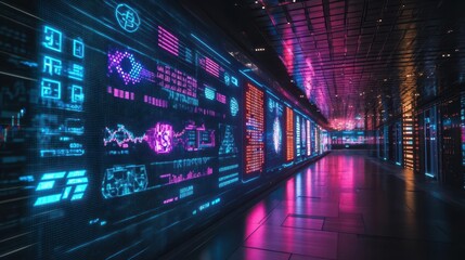 Obraz premium Futuristic Hallway Illuminated by Vibrant Neon Lights with a Large Screen Displaying Dynamic Visuals Creating an Energetic and Modern Atmosphere