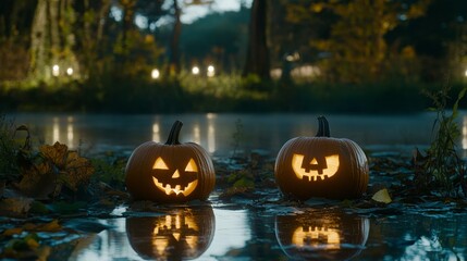 Spooky Halloween Night with Glowing Jack-o'-Lanterns by the Lake Surrounded by Autumn Leaves and Fog in a Mysterious Forest Setting