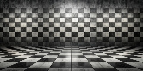 Naklejka premium A Dramatic Checkerboard Floor and Wall Interior Scene