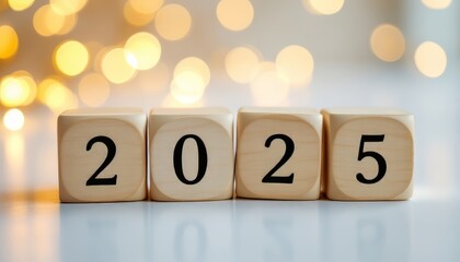 Wooden blocks displaying the year 2025 against a bokeh background.