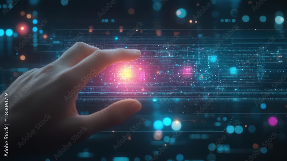 Poster A Hand Gently Interacting with a Futuristic Digital Interface Displaying Vibrant Graphics and Interactive Elements in a Modern Tech Environment