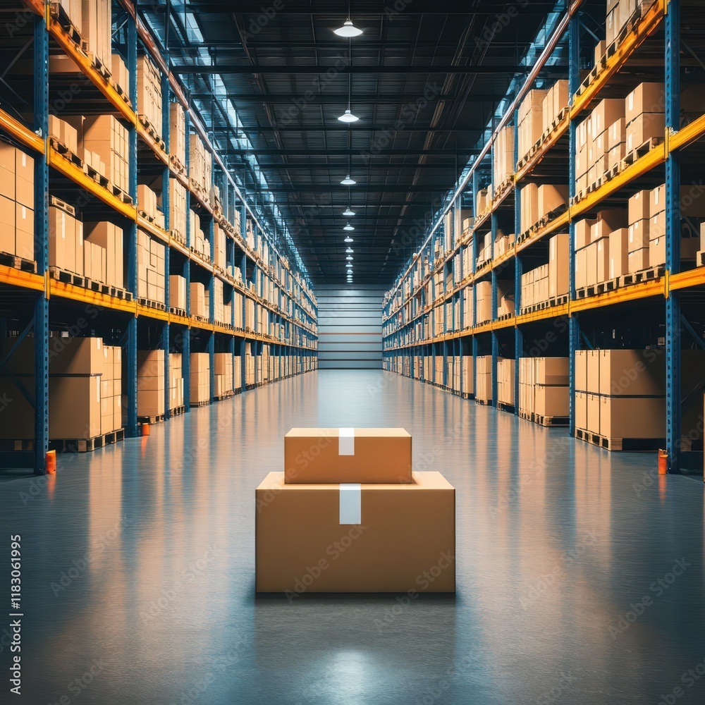 Poster spacious warehouse interior filled with stacked boxes on the floor depicting a busy logistics enviro