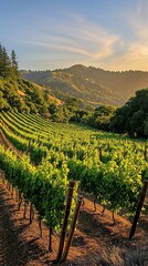 Fototapeta premium Vineyard rows glisten in golden light on a hillside at sunset