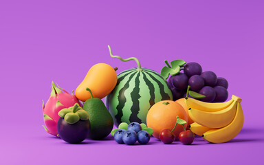 A variety of colorful fruits, rich in vitamins and nutrients, 3d rendering.