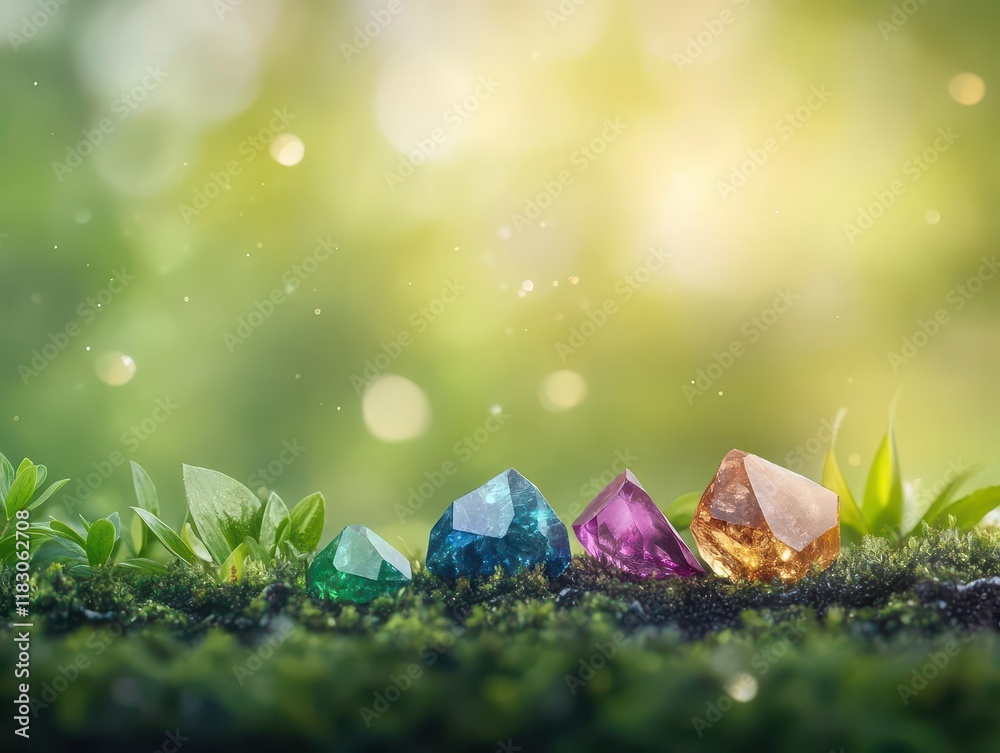 Poster glistening crystals resting on lush green grass under soft natural light creating a tranquil and enc