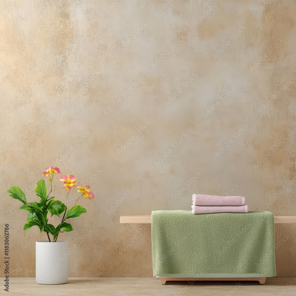 Aufkleber A Soft Green Towel Draped Elegantly on a Rustic Wooden Table Creating a Calm and Inviting Atmosphere Perfect for Relaxation and Comforting Moments