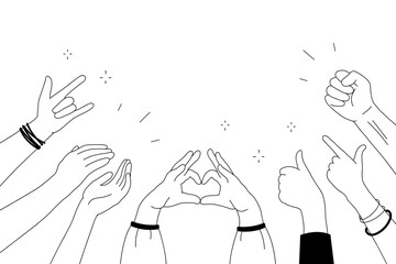Applause hands set in doodle style. Human hands sketch, with arms raised in gestures like clapping and making heart shapes, on a white background. Vector illustration for celebratory themes
