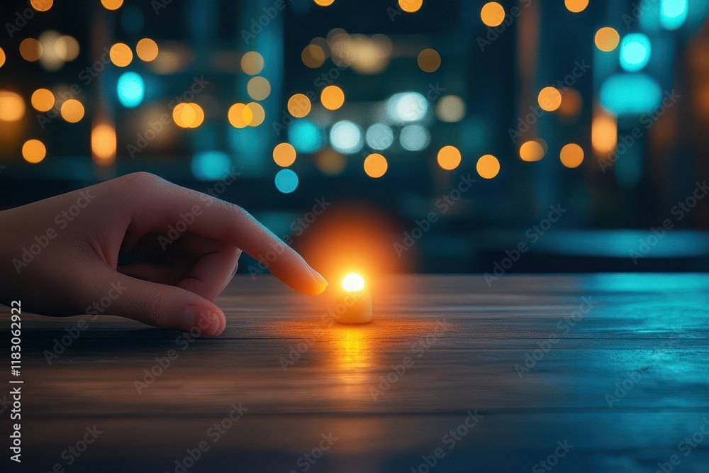 Leinwandbilder a warm candlelit atmosphere with a hand resting on a rustic table evoking intimacy and comfort in a 