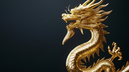 Obraz premium Stunning Golden Dragon Sculpture Captivating Details Displayed Against a Dark Background, Symbolizing Power, Wisdom, and Strength in Artistic Representation