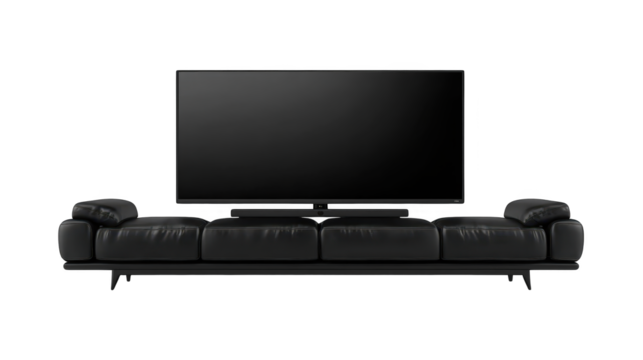 Sleek black leather sofa with flat screen television, a modern living room focal point