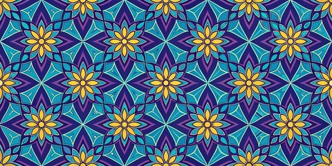 Intricate Floral Pattern with Teal and Purple Hues Featuring a Repeating Design of Stylized Flowers and Geometric Shapes