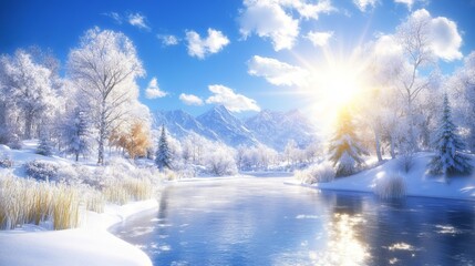 Serene Winter Wonderland River Scene Snowy Mountains