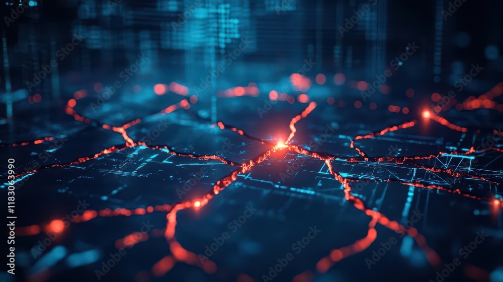 Poster network vulnerabilities shown as cracked digital pathways, with glowing repair nodes symbolizing mit