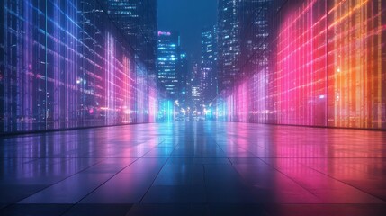 Neon reflections on glass facades, set in a lively urban street, softly lit, captured in a close-up shot, vibrant energy