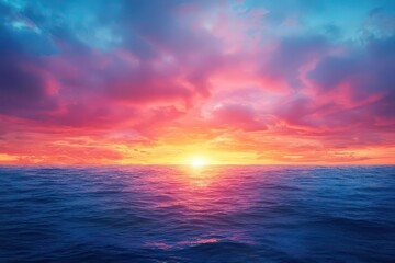 Obraz premium Oceanfront oil rig on the horizon, against a fiery sunset, dramatic light, panoramic perspective