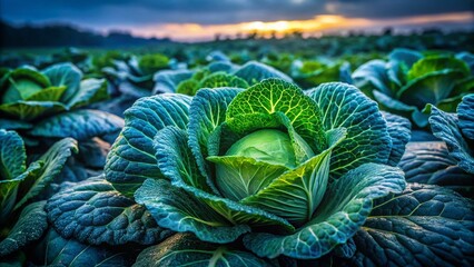 Low Light Cabbage Field Closeup - Lush Green Vegetables at Dusk