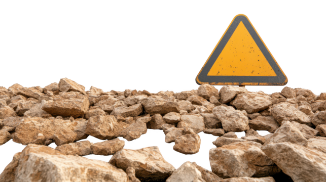 Bright yellow triangle caution sign on a rough pile of rocks 
