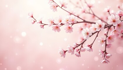 Obraz premium Delicate cherry blossom branch against a soft pink background.