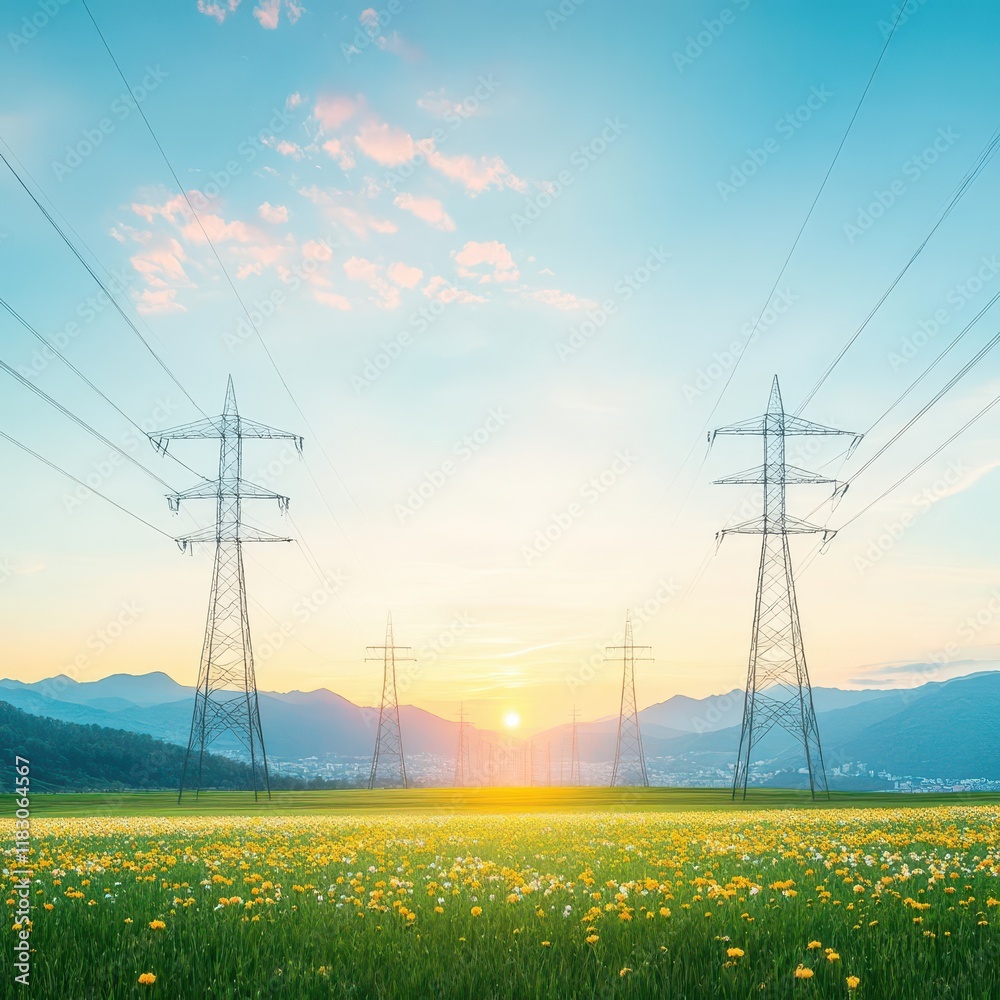 Poster tranquil field of colorful wildflowers beneath overhead power lines in a bright blue sky creating a 