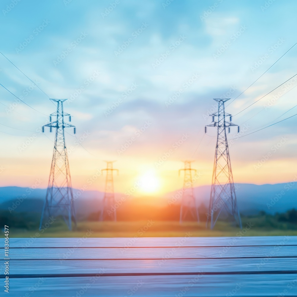 Poster mesmerizing power lines silhouetted against a vibrant sunset sky with fiery hues and dynamic cloud p