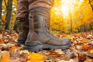 Sturdy Hiking Boots on Colorful Autumn Forest Floor Surrounded by Fallen Leaves with Warm Sunlight Filtering Through Trees