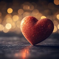 Fototapeta premium Glittering Red Heart Surrounded by Soft Bokeh Lights against Cozy Background for Valentine s Day